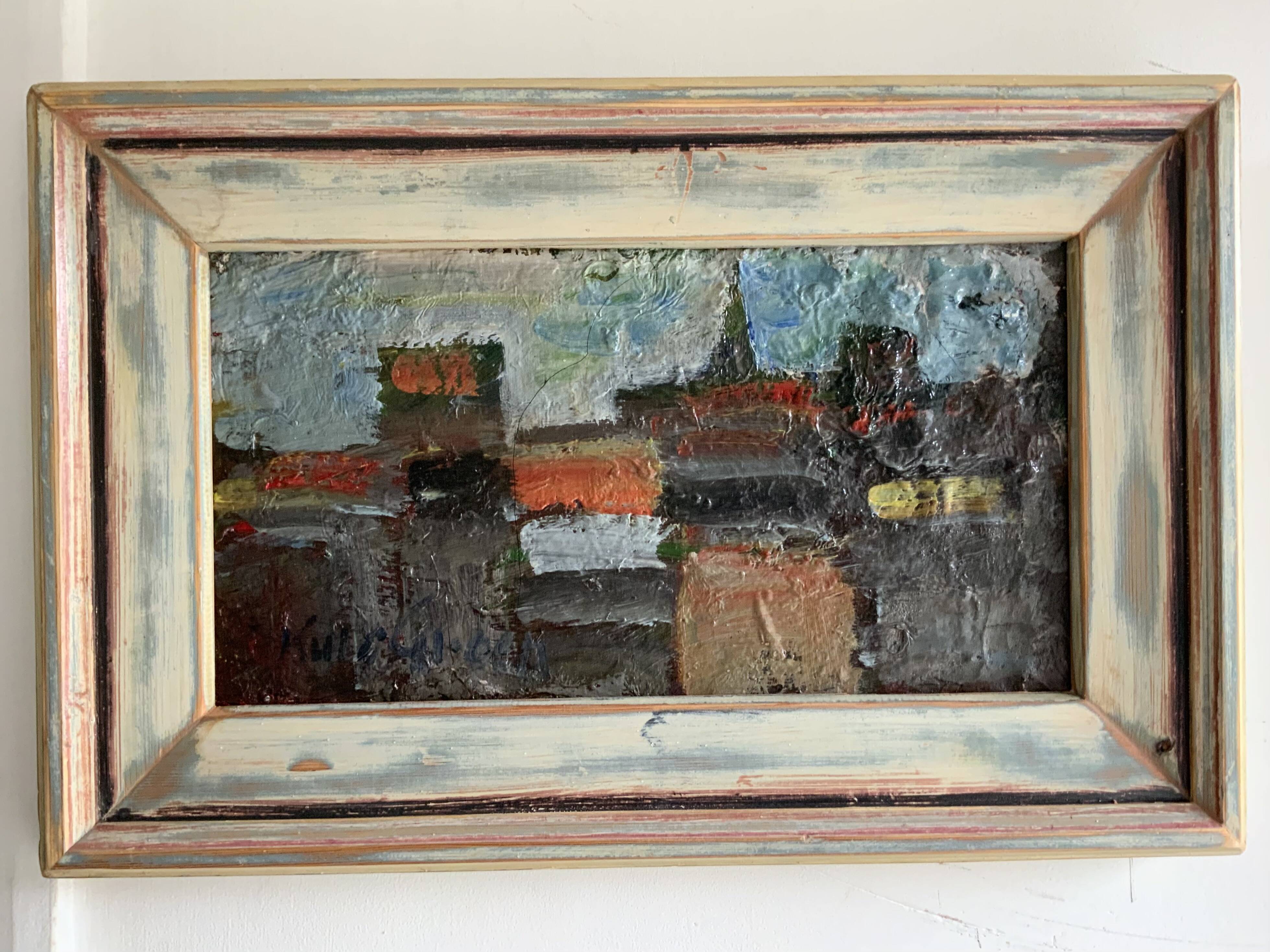 Vintage Abstract Kulo Green Oil Painting 1970s