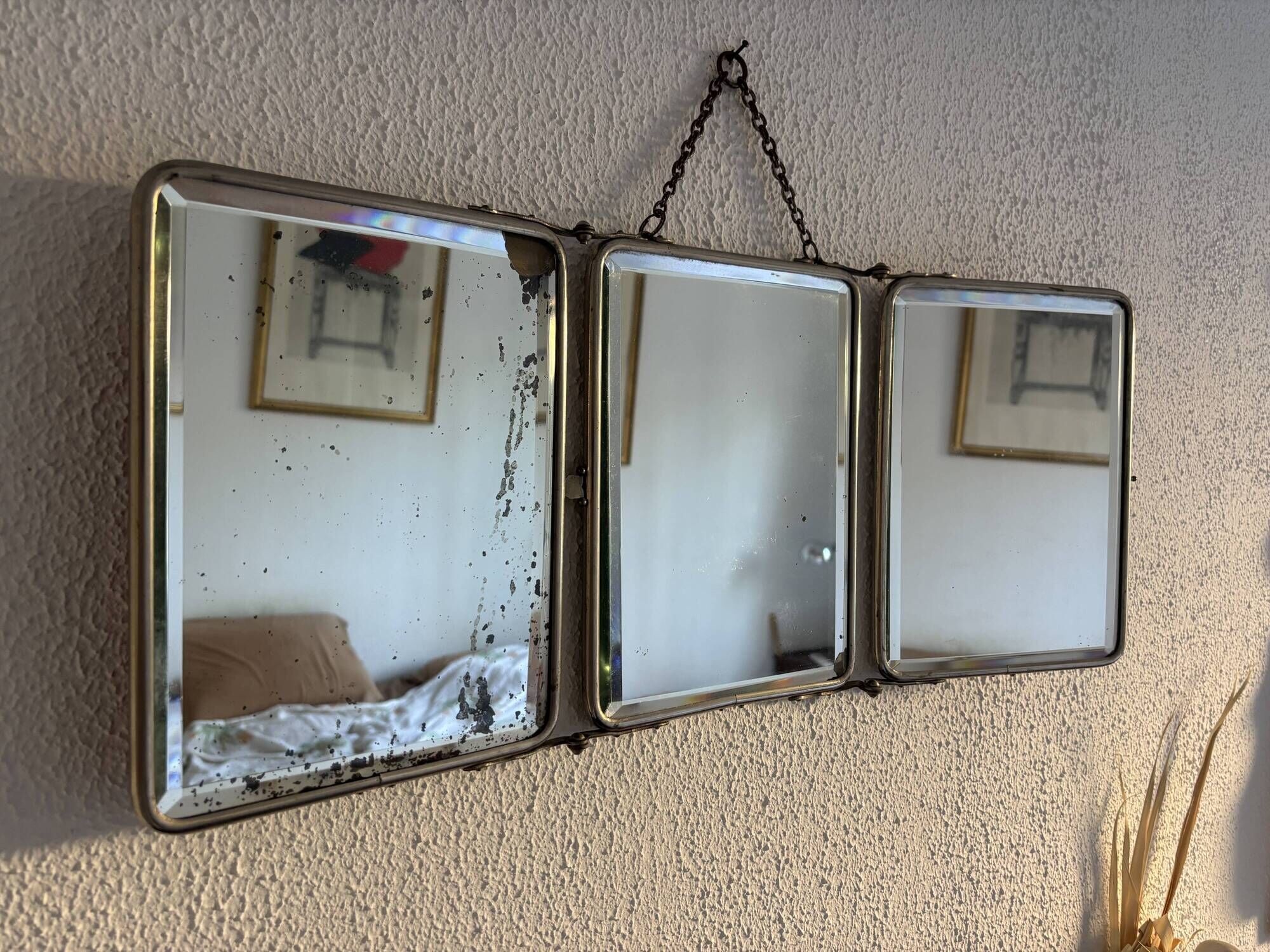 Vintage 1950 triptych mirror barber beveled crystal hairdresser - 25 x 59 cm