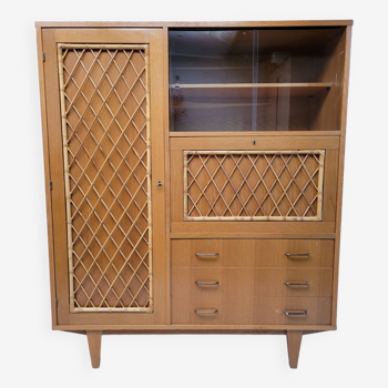 Armoire commode bois et rotin 1960