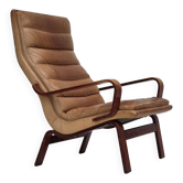 1970s, Scandinavian highback armchair, furniture leather, bent wood.