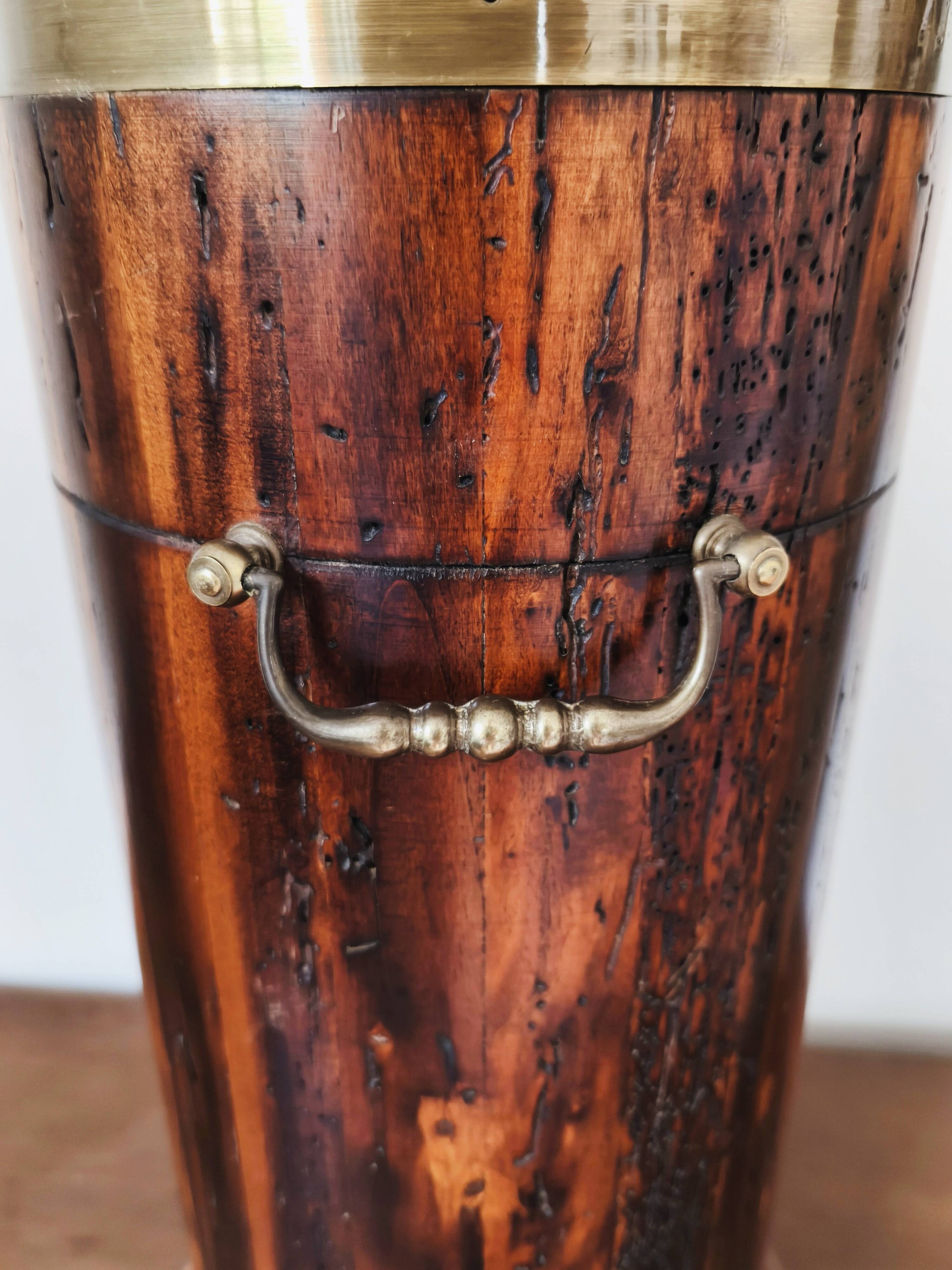 Vintage Florentine umbrella stand made of reclaimed wood and brass.