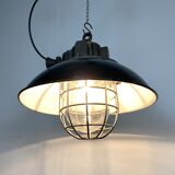 Black Enamel and Cast Iron Industrial Cage Pendant Light, 1950s