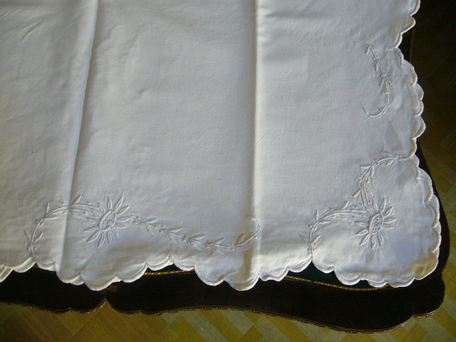 Ancient cotton sheet embroidered with flowers and initials