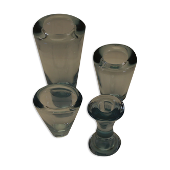 Set of 3 sculptural Holmegaard crystal vases and 1 candlesticks by Per Lutken