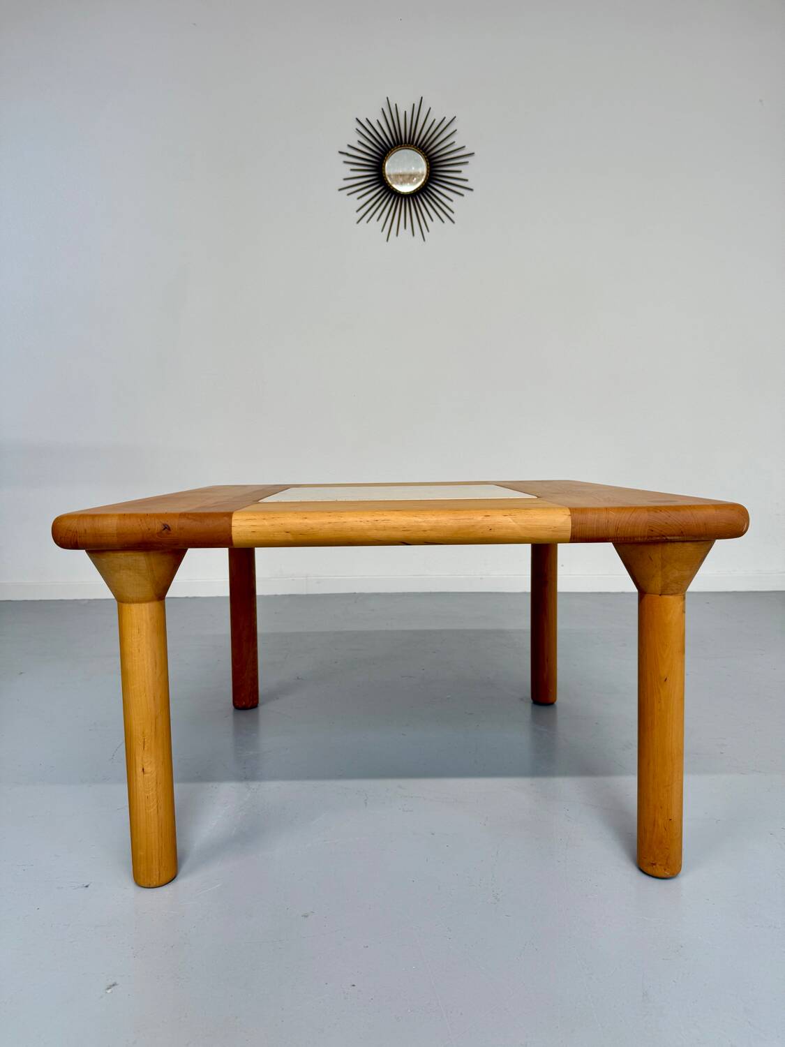 Table basse ancienne bois et travertin design des années 70 vintage