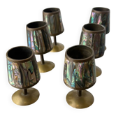 Verres à shot en laiton et coquille d'abalone, ensemble de 6, Mexique, années 1970.