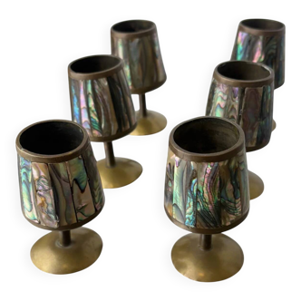Abalone shell & brass shot glasses, set of 6, Mexico, 1970s