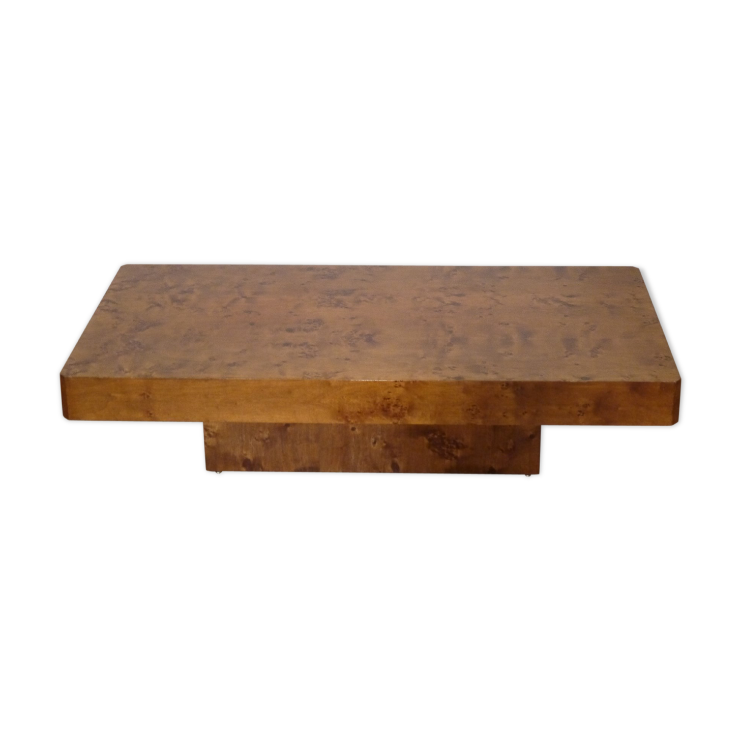 Table basse vintage en loupe d'orme 1970