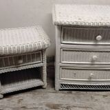 White rattan chest of drawers and bedside table