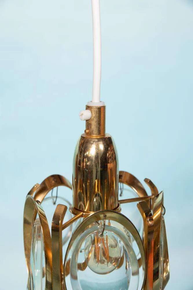 Vintage brass and crystal suspension Palwa, mid-century suspension.