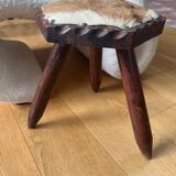 Brutalist wooden and cowhide stool