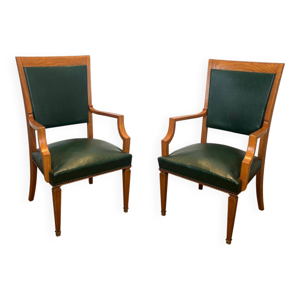 Paire de fauteuils Art déco en chêne et cuir de De Coene Frères