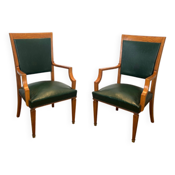 Pair of Art Deco armchairs in oak and leather by De Coene Frères.