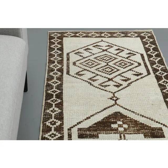 1970s Vintage Turkish Handmade Wool & Cotton Beige Runner Rug 89x320