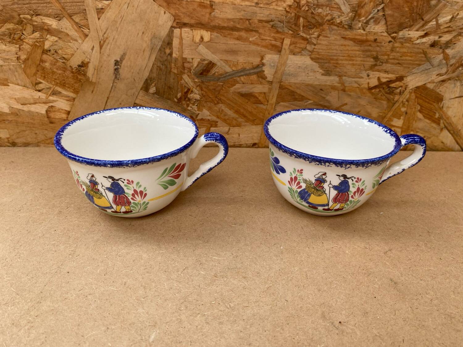 Paire ancienne tasse pornic céramique blanc bleu france vintage #b286