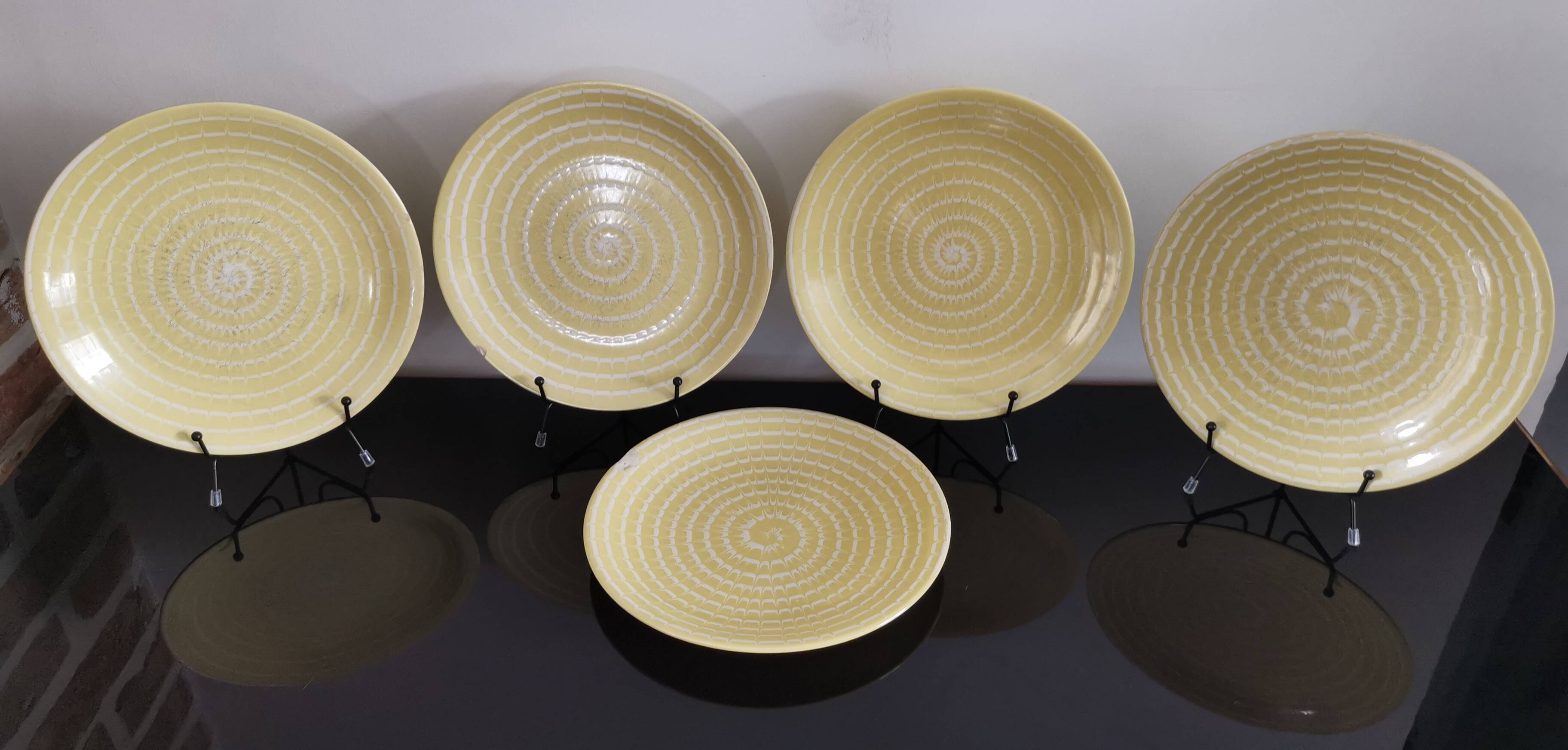 Set of 5 old Longchamp sunny yellow flat plates