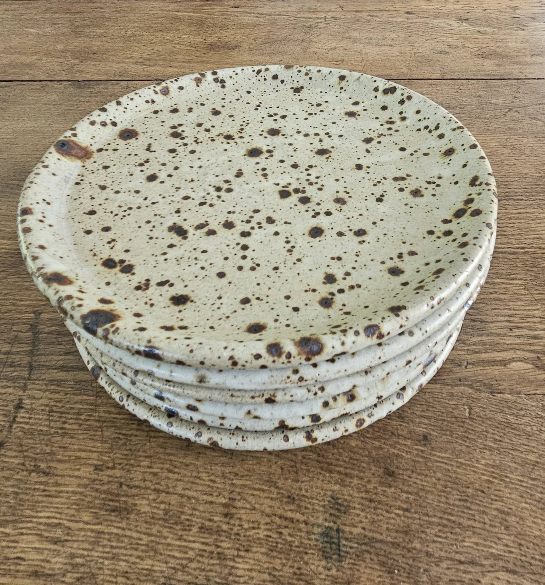 6 plates signed Gustave Tiffoche vintage pyrite glazed stoneware