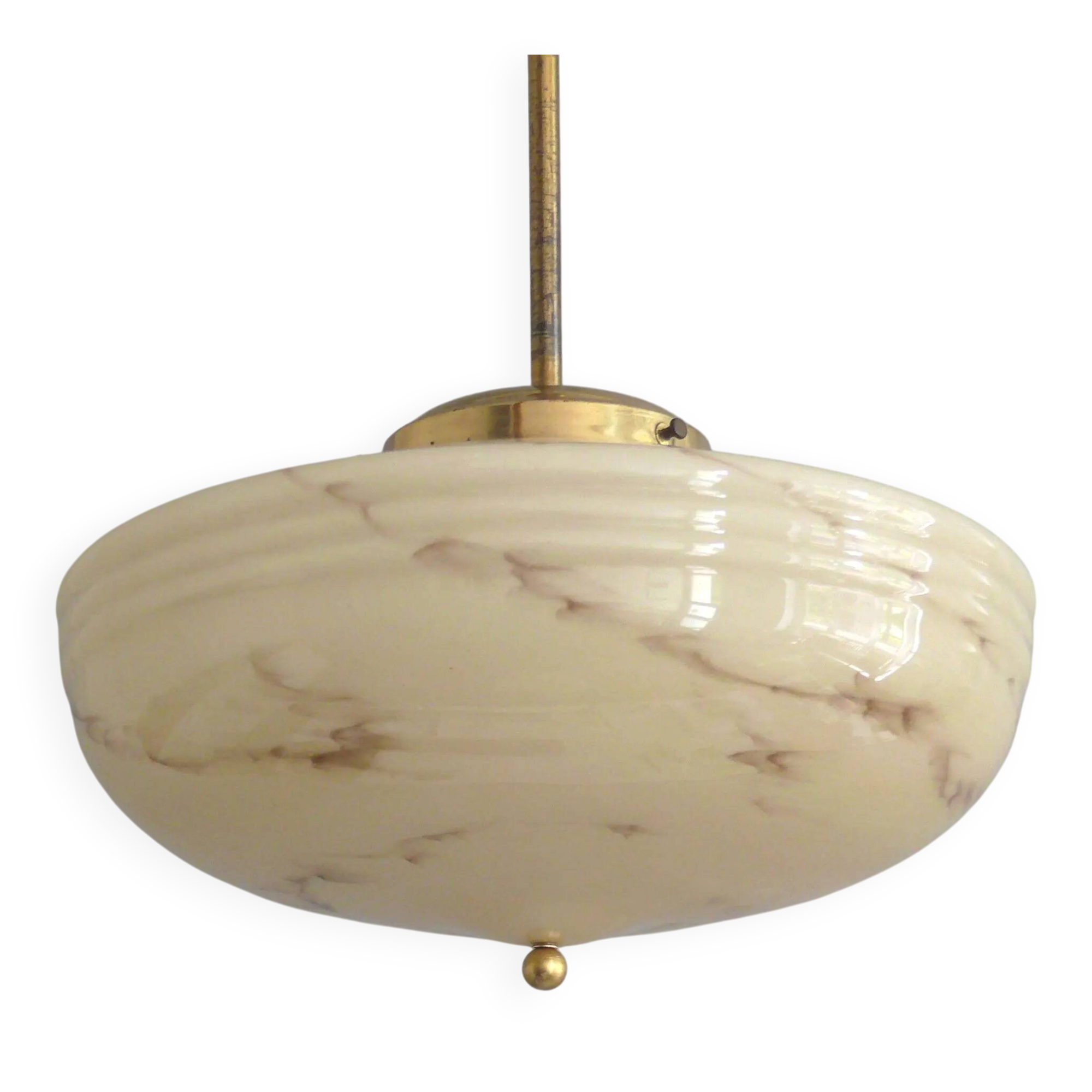 Art Deco Pendant Lamp, Beige Marble, Brass Suspension - 1930s