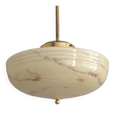 Art Deco Pendant Lamp, Beige Marble, Brass Suspension - 1930s