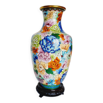 Large Cloionne Style Vase of Multicolored Flowers with Wooden Base.