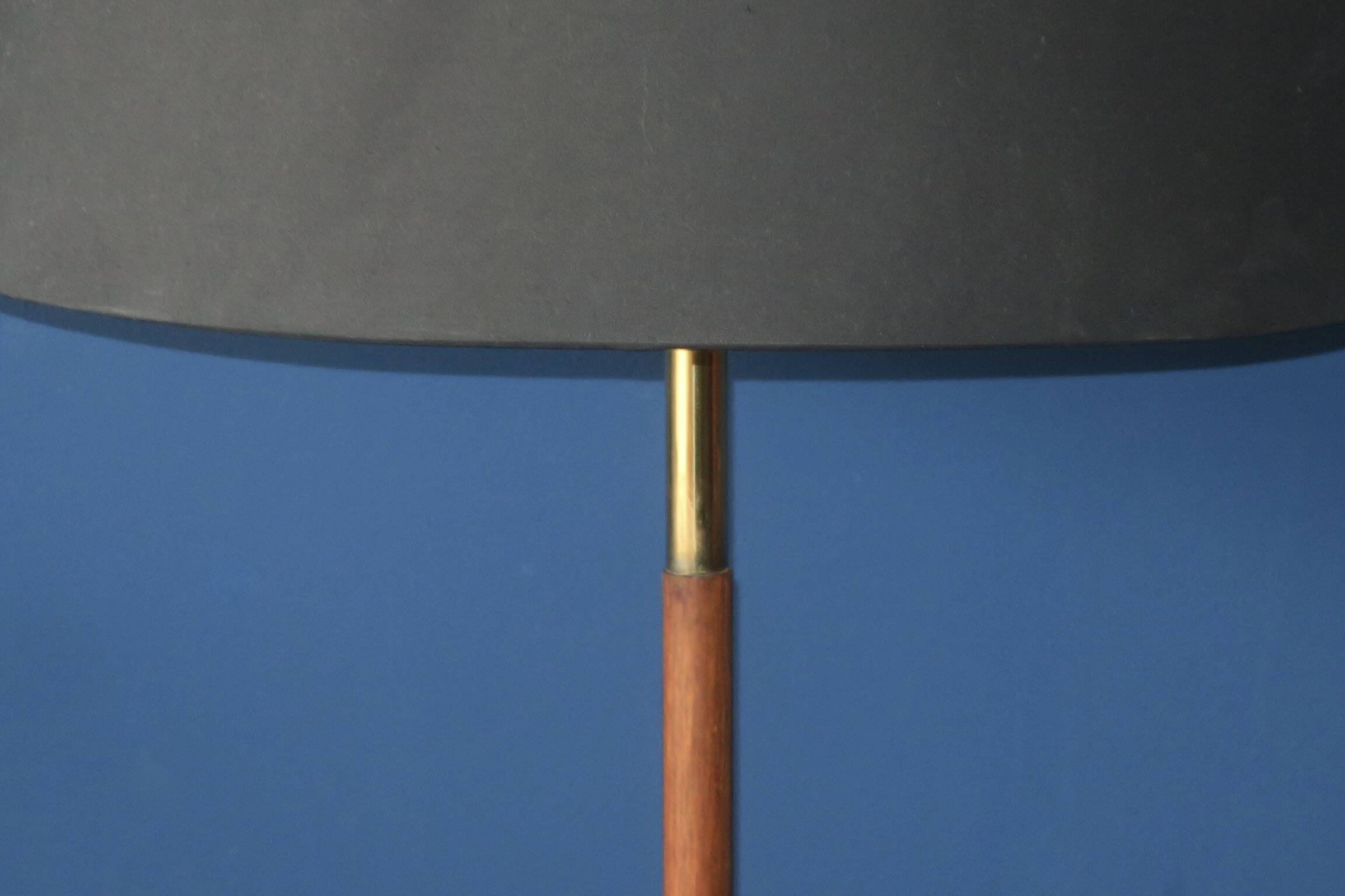 Danish teak floor lamp with brass tripod foot, 1960s