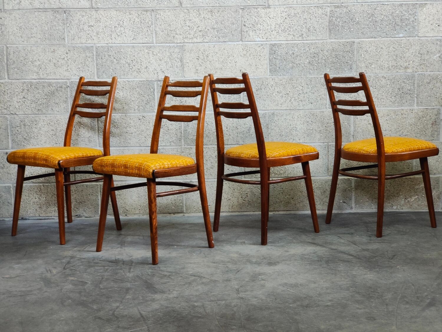 Suite of 4 Czech chairs wood and fabric Yellow "Univerzal" late 60