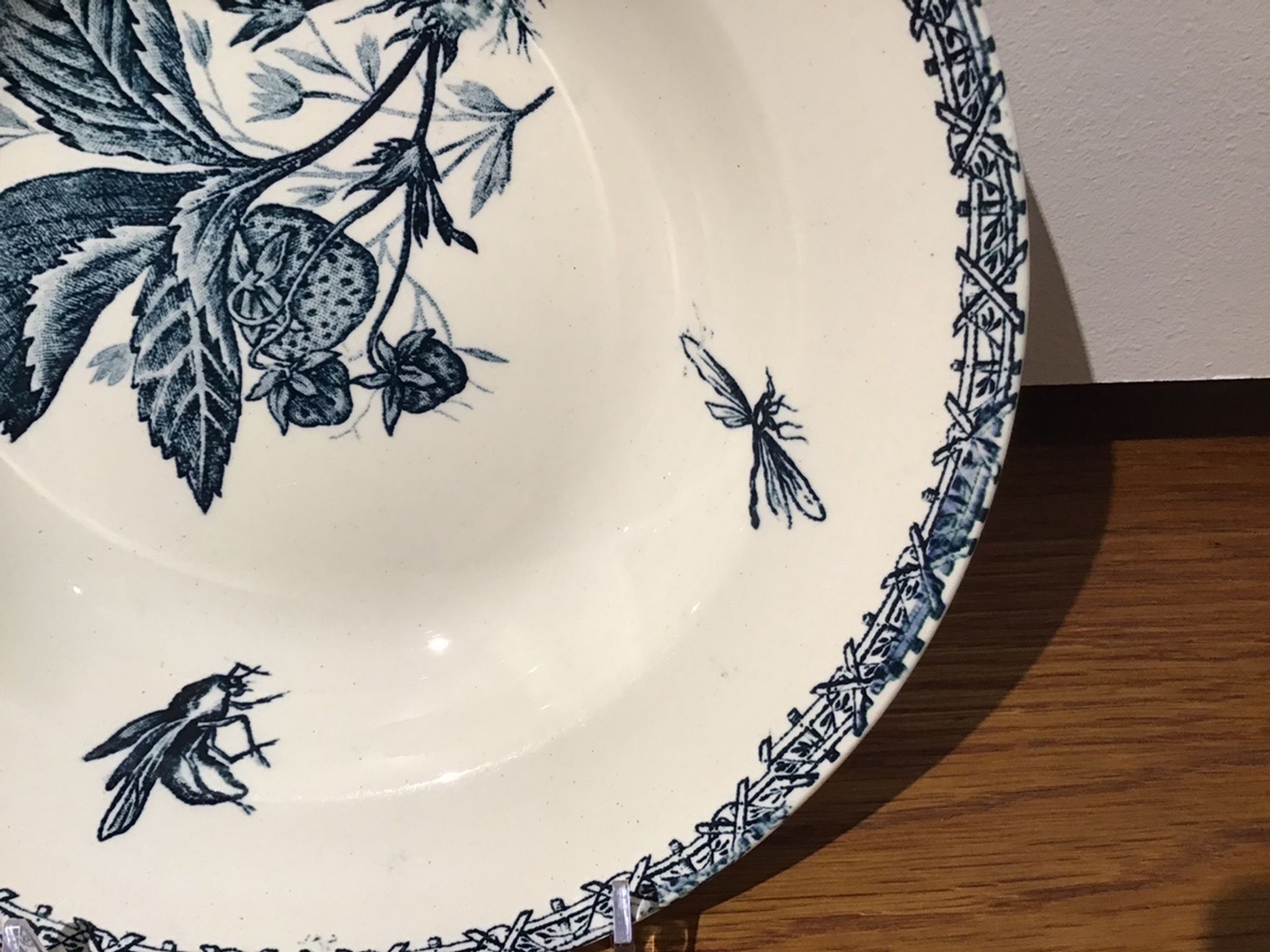Hollow plate, insect and strawberry décor, Manufacture Choisy the King, Iron Land, H Boulenger - Co.
