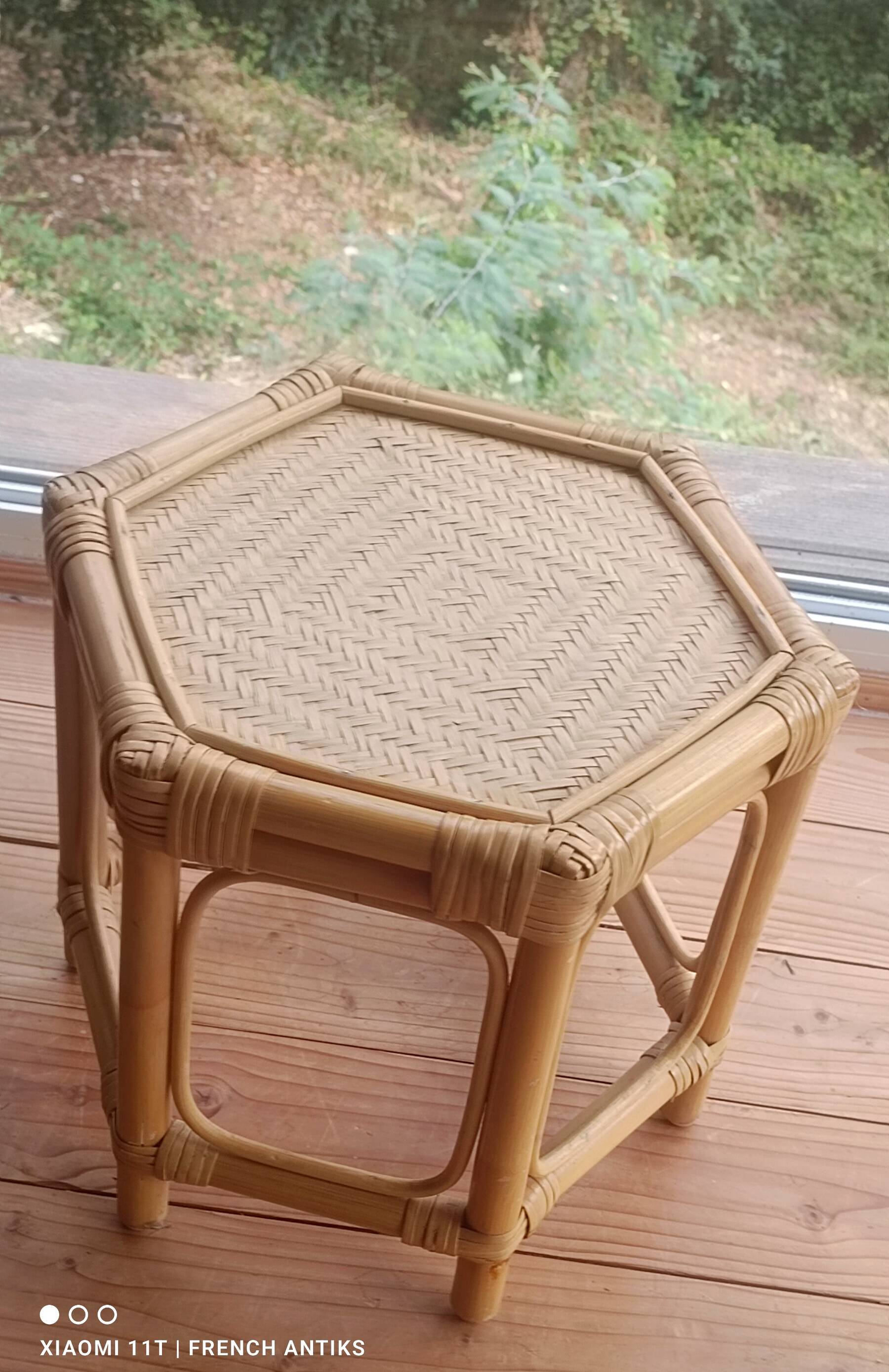 Hexagonal coffee table, vintage 1980s, bamboo and woven rattan. Handmade.