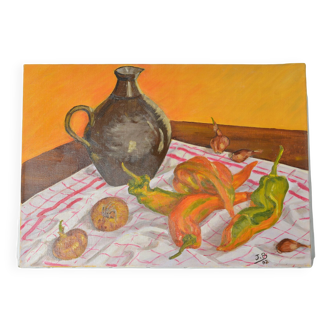 Huile sur toile Nature morte aux Poivrons