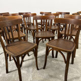 Set of 17 vintage bistro chairs in curved wood — striped seat, be