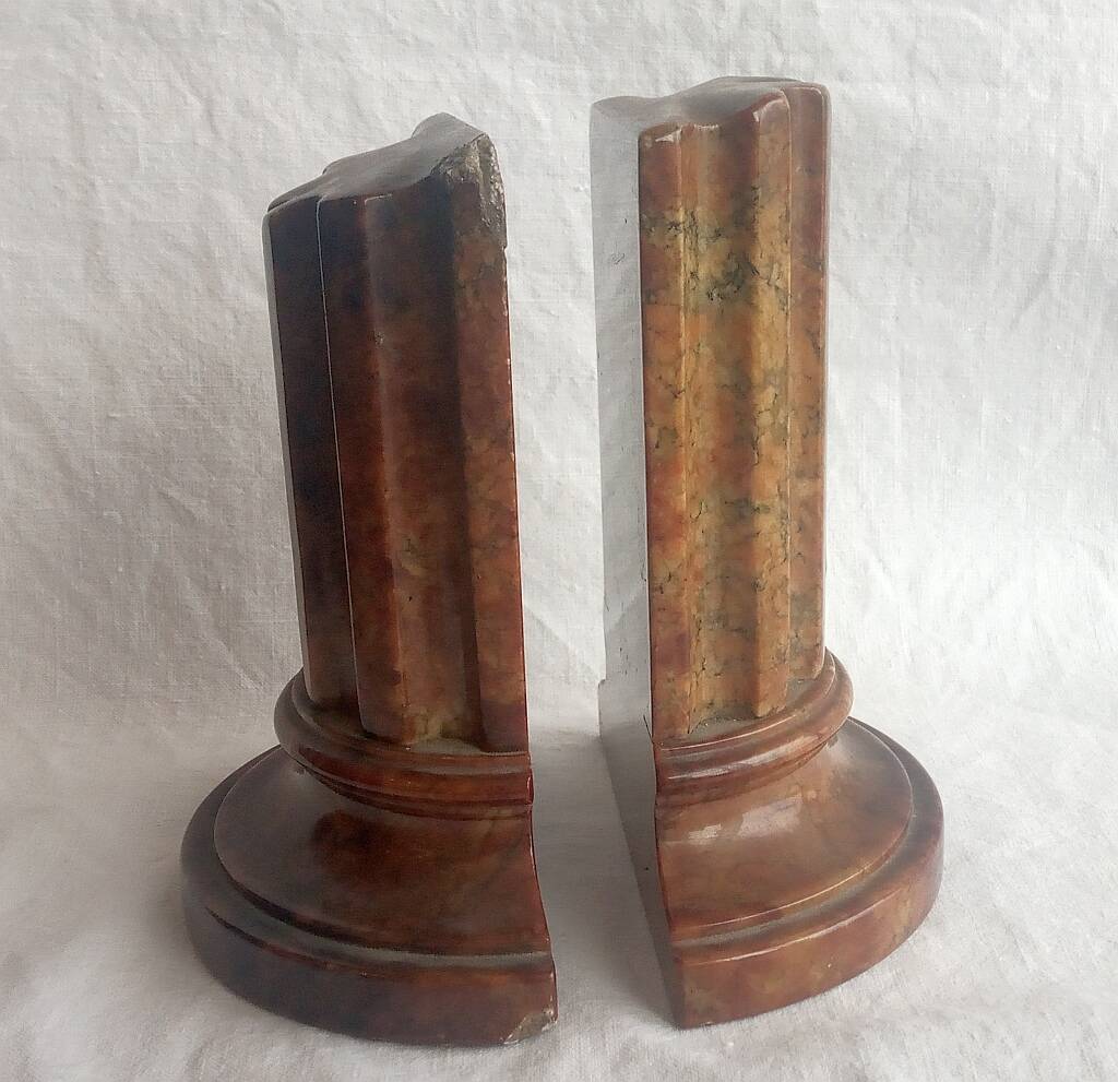 Genuine Red Alabaster Marble Italian Bookend Column Shaped Pair