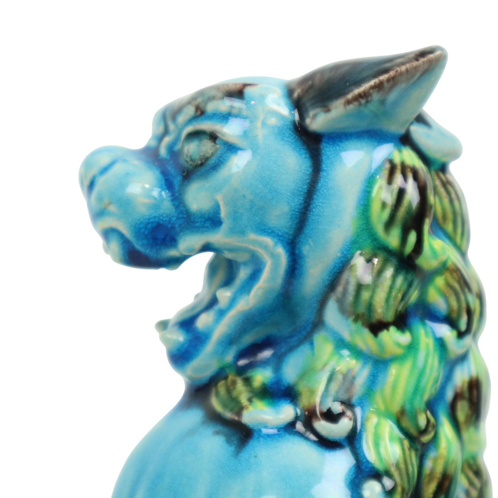 Pair of Chinese Guardian Lions Foo Dogs Blue Ceramic