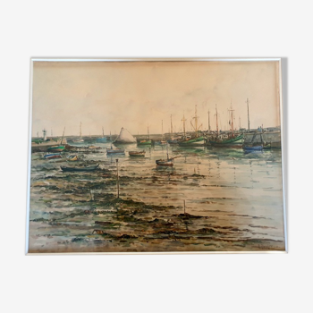 Aquarelle sur papier "Port de Saint Vaast la Hougue", André Duculty (1912-1990)