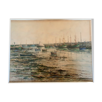 Aquarelle sur papier "Port de Saint Vaast la Hougue", André Duculty (1912-1990)