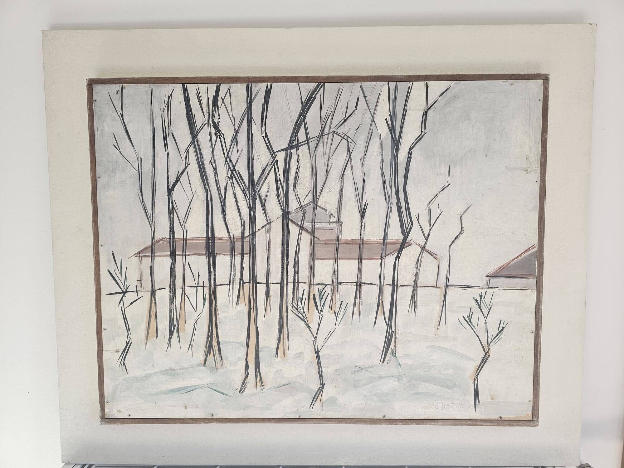 Oil painting on panel Winter landscape with snow Signed Bazin