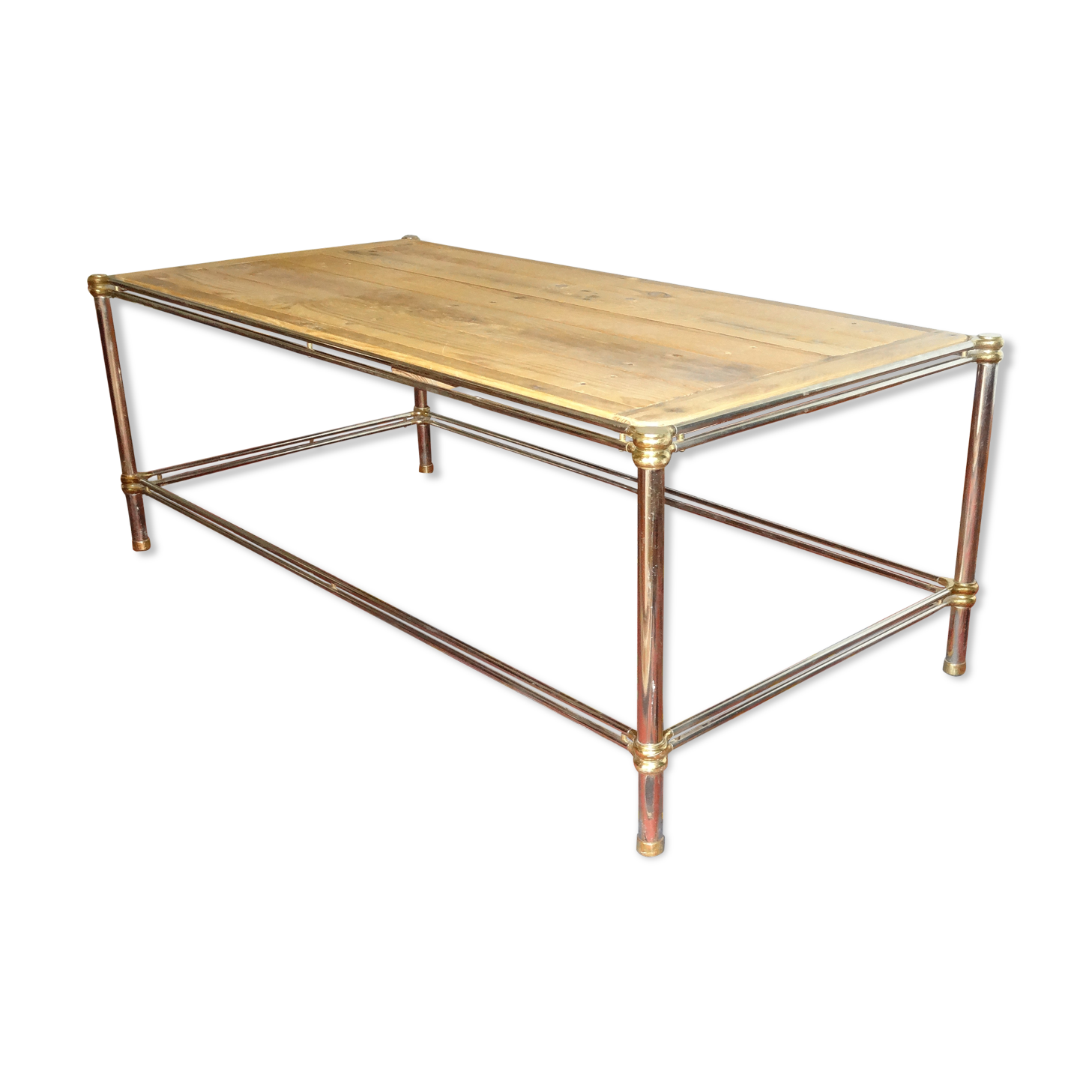 Gold, chrome metal coffee table and natural wood 120 x 60 cm