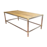Gold, chrome metal coffee table and natural wood 120 x 60 cm