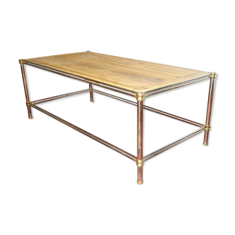 Gold, chrome metal coffee table and natural wood 120 x 60 cm