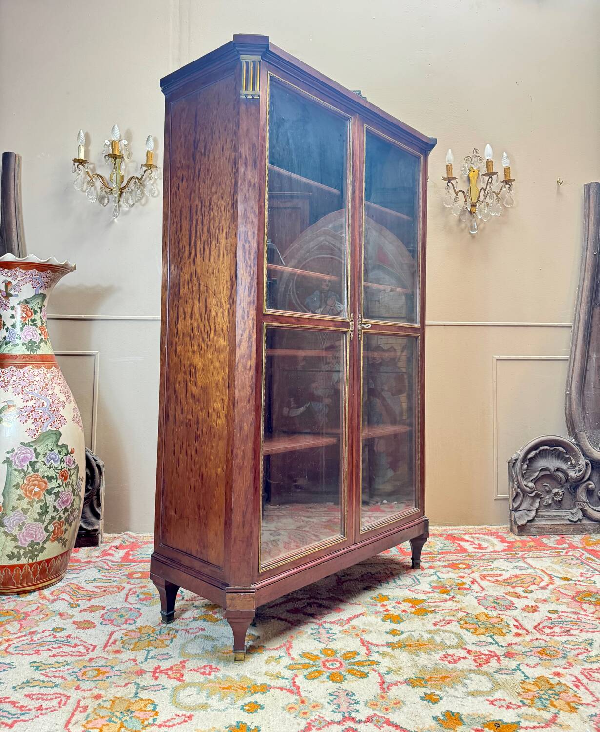 Library, mocheté mahogany display case in louis xvi style 19th century
