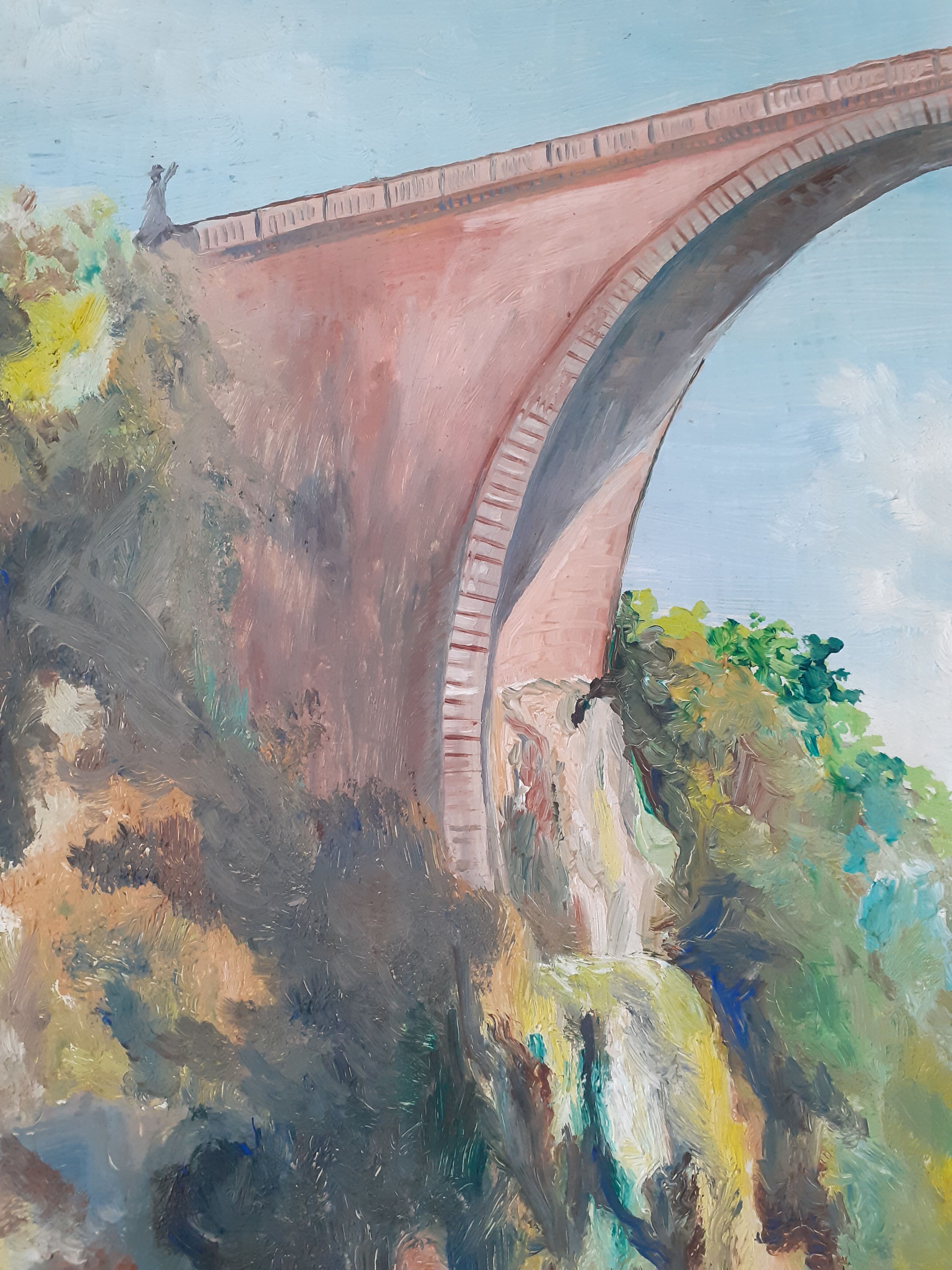 Painting Pont Napoléon Luz Saint Sauveur 1950 signed