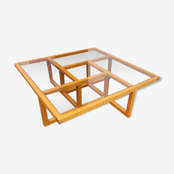 Modernist vintage square coffee table, in wood and old glass