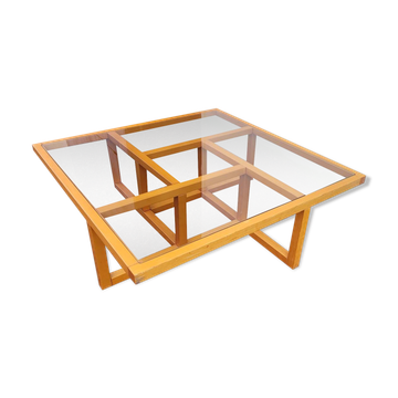 Modernist vintage square coffee table, in wood and old glass