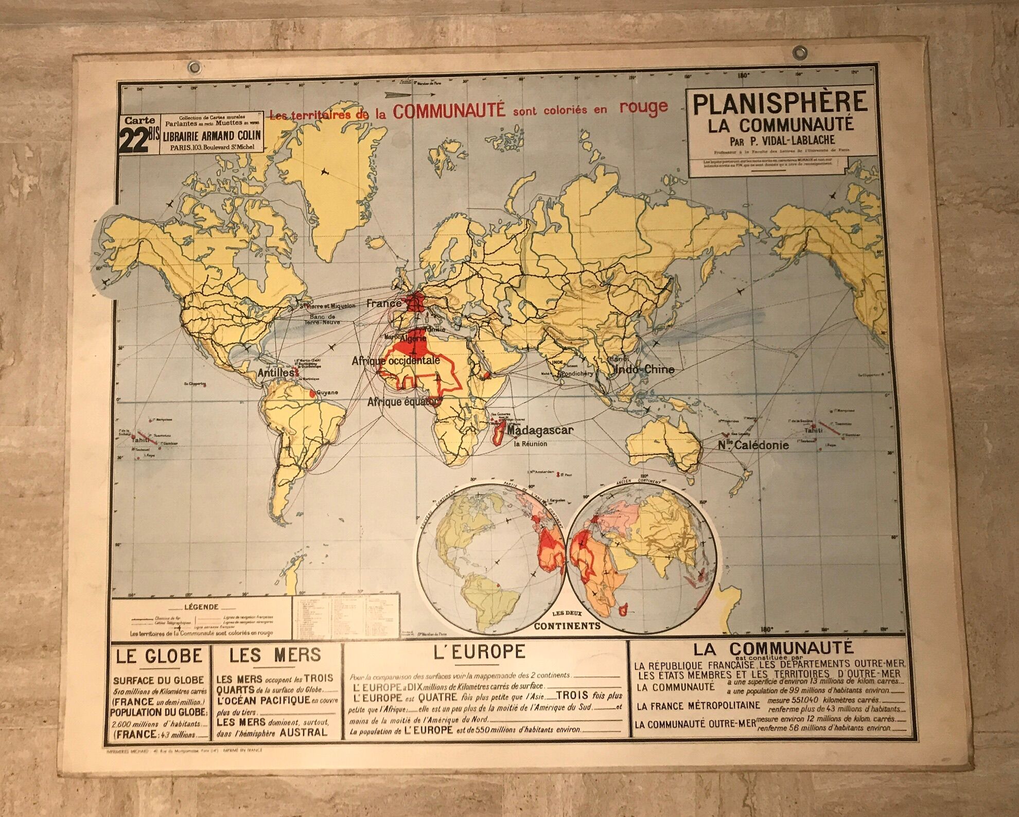 School planisphere Vidal-Lablache 1955 map