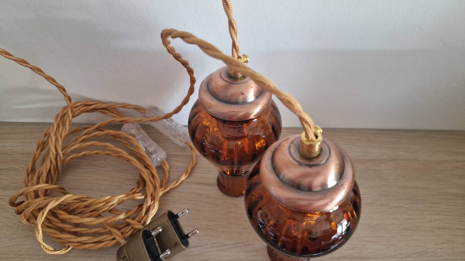 Duo of brown smoked glass portable lamps