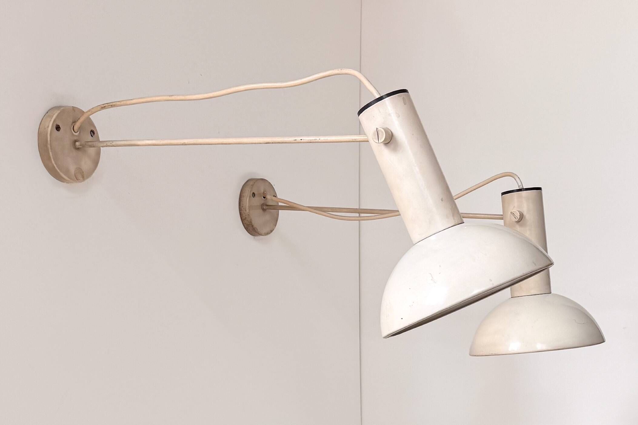 Pair of XL vintage wall lights in matte white metal, France 1970.