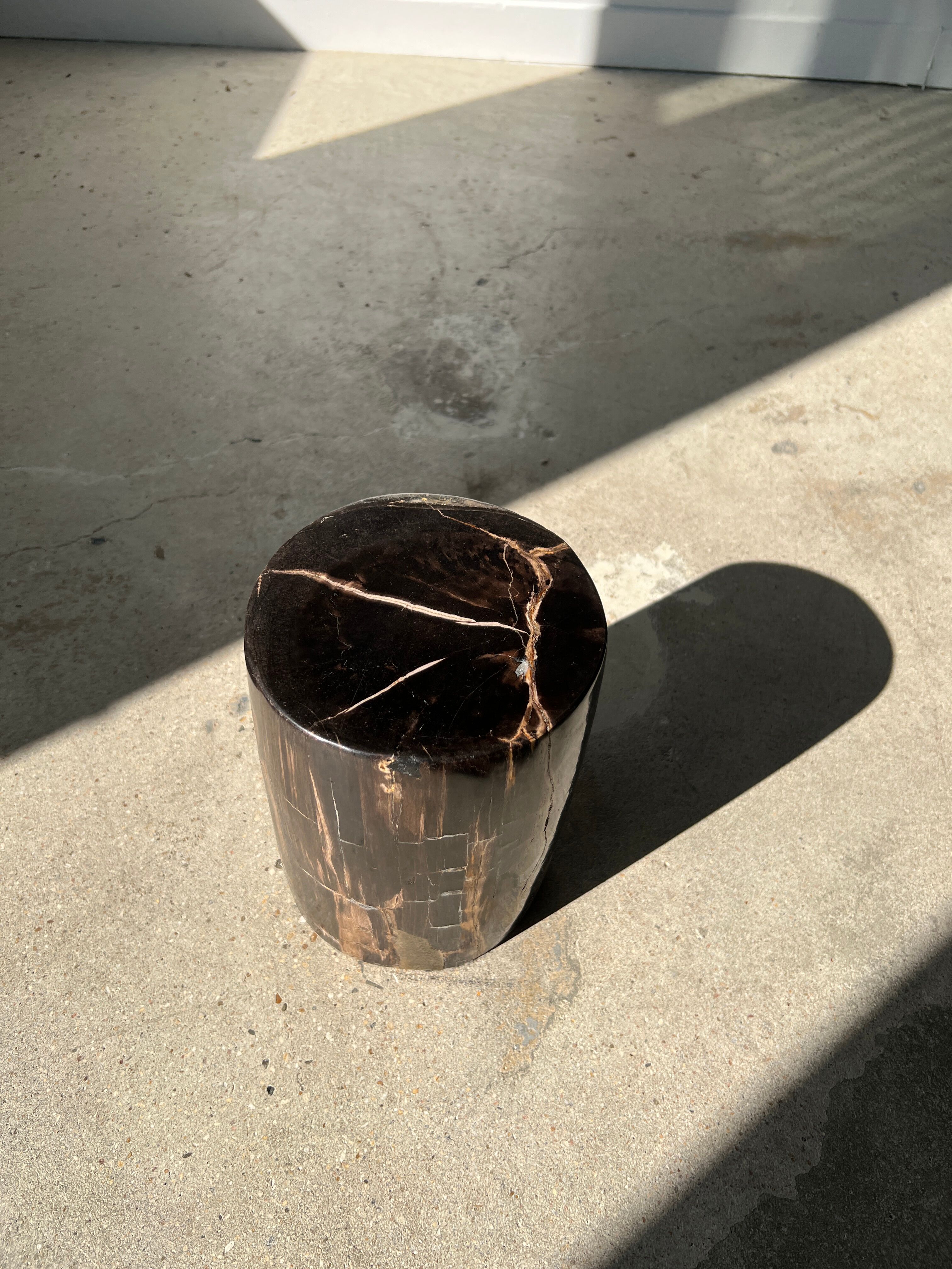 Side table in black petrified wood with light streaks h: 27,5cm d:18,5cm
