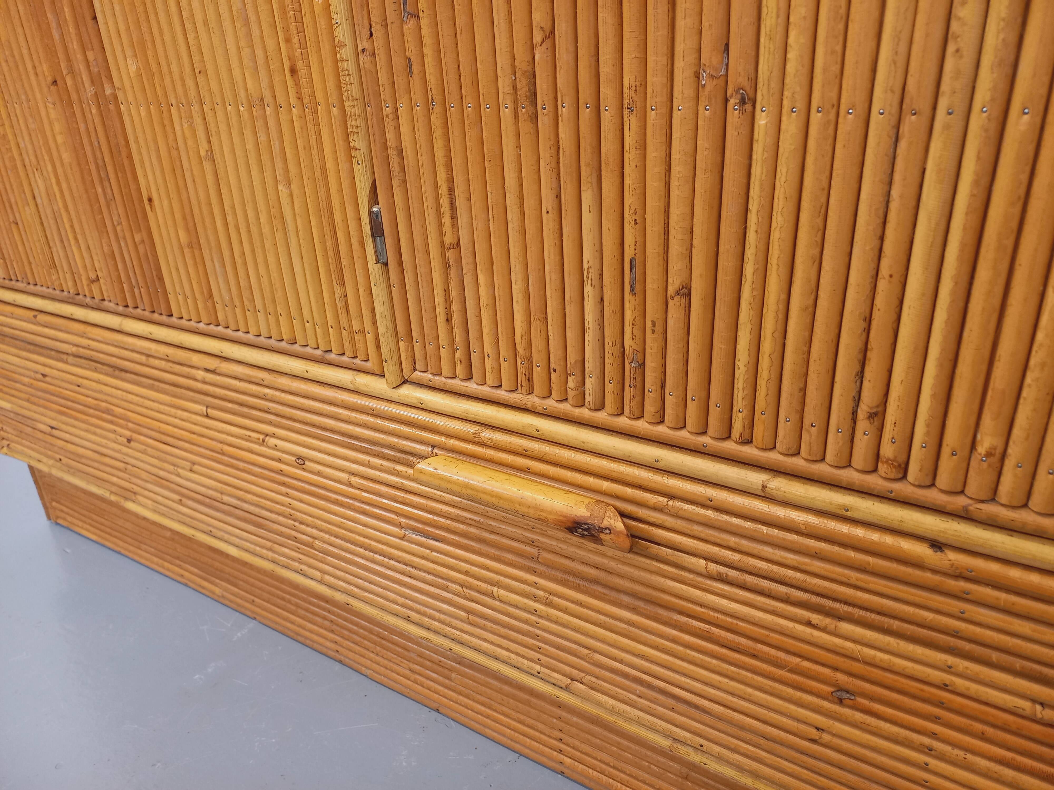 Vintage rattan and light wood storage unit from the 60s