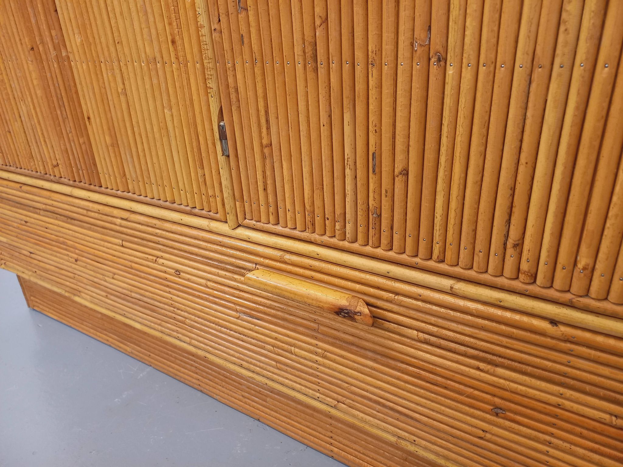 Vintage rattan and light wood storage unit from the 60s