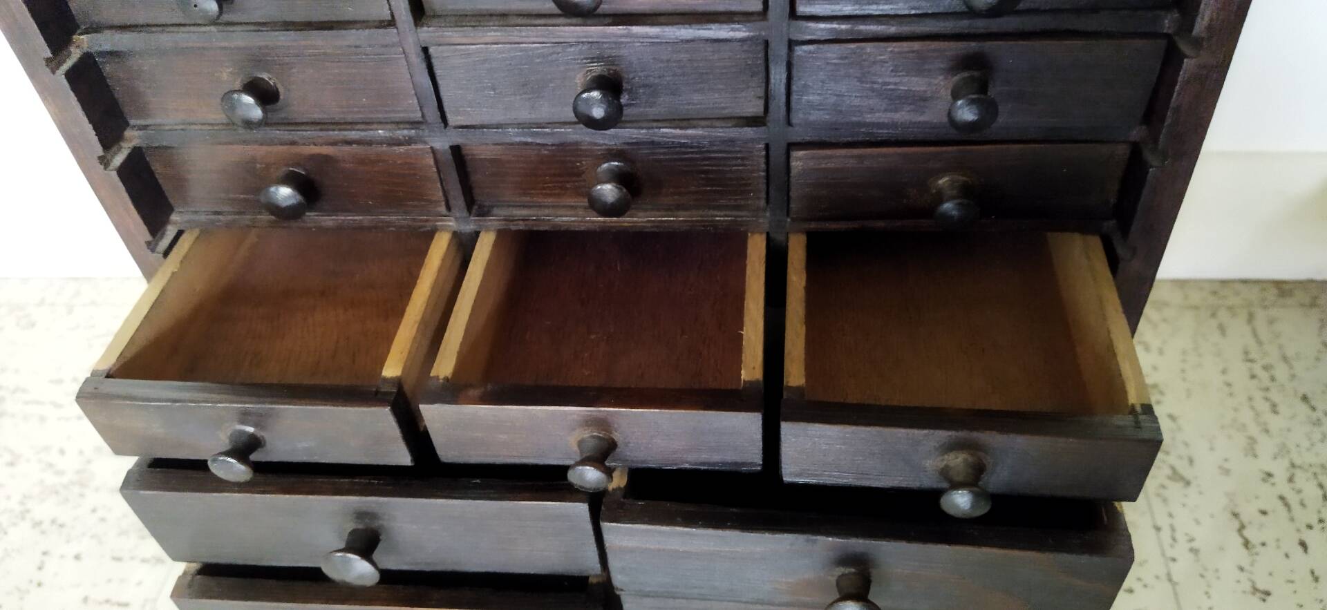 Authentic workshop furniture / Vintage watchmaker's layette in black wood