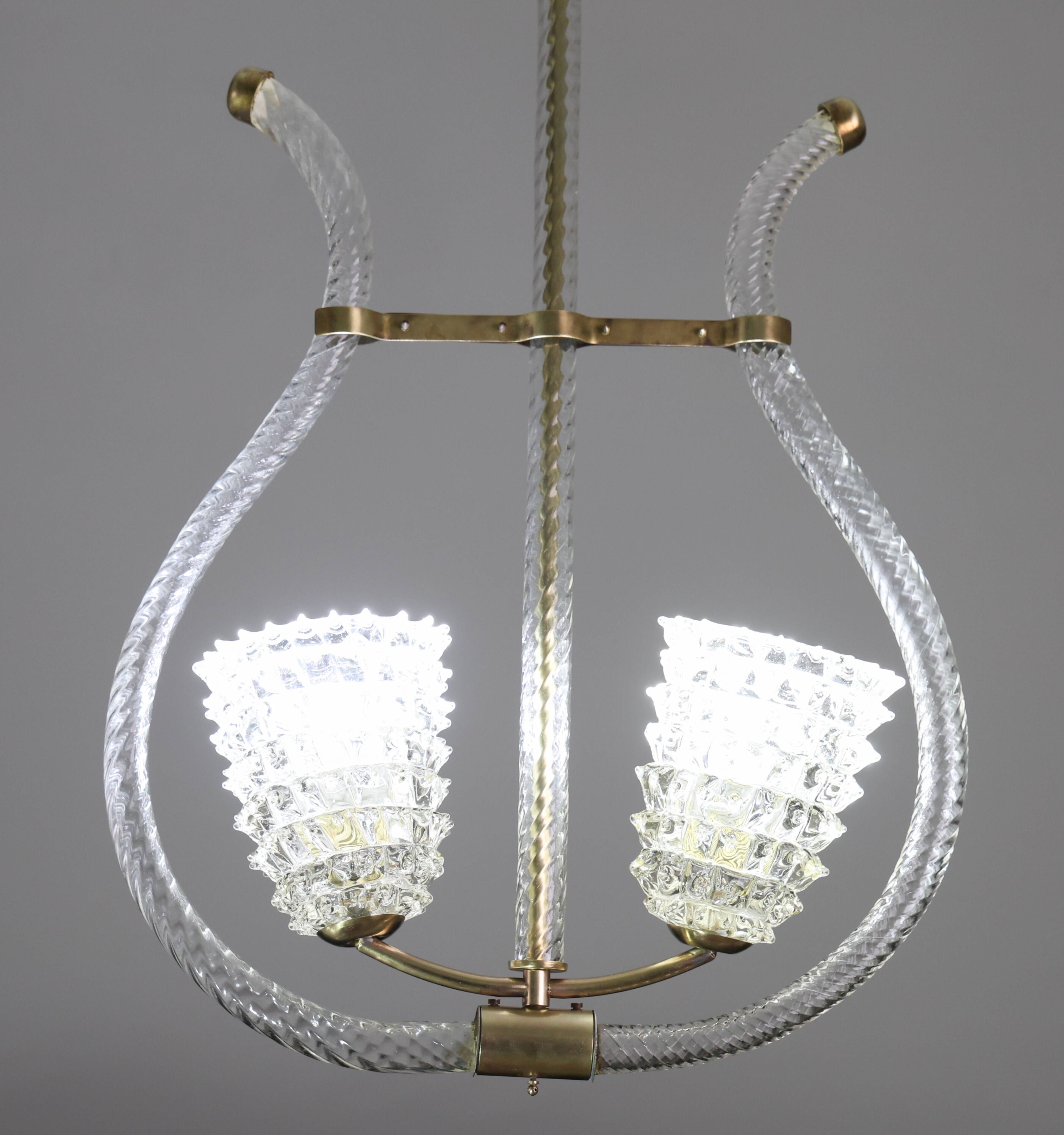 Amazing 2 Light Clear Rostrato Murano Glass Chandelier by Barovier & Toso,